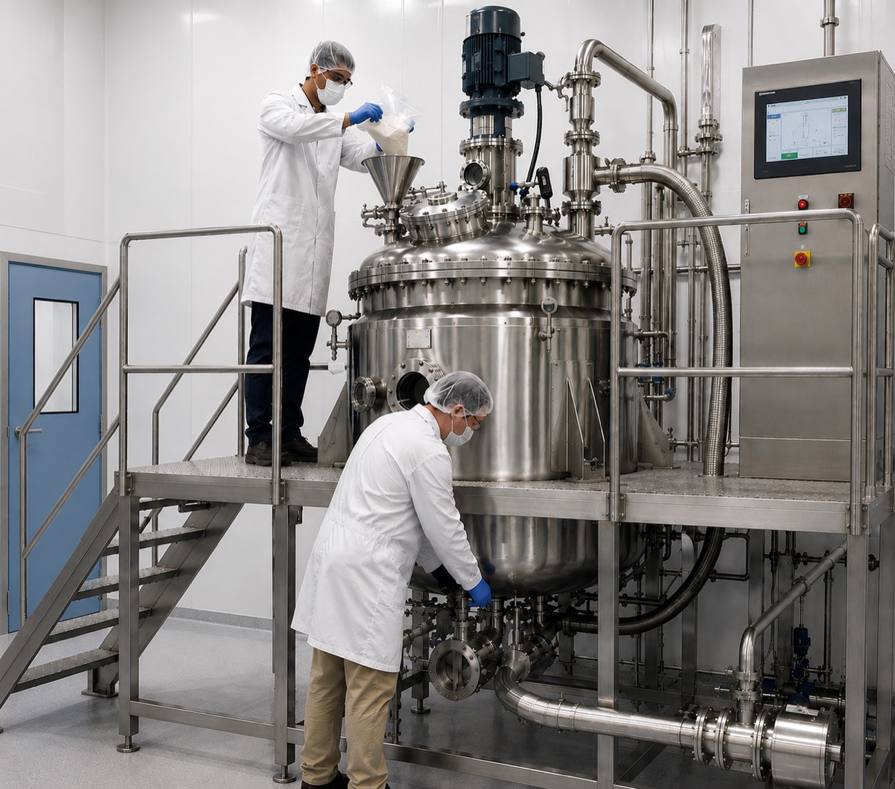 Technicians at the softgel encapsulation tank in the Lupos Markham facility