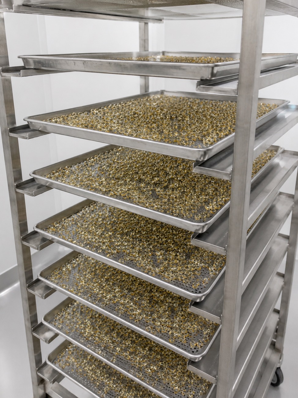 Plateaux de capsules molles de cannabis finies en séchage sur des supports